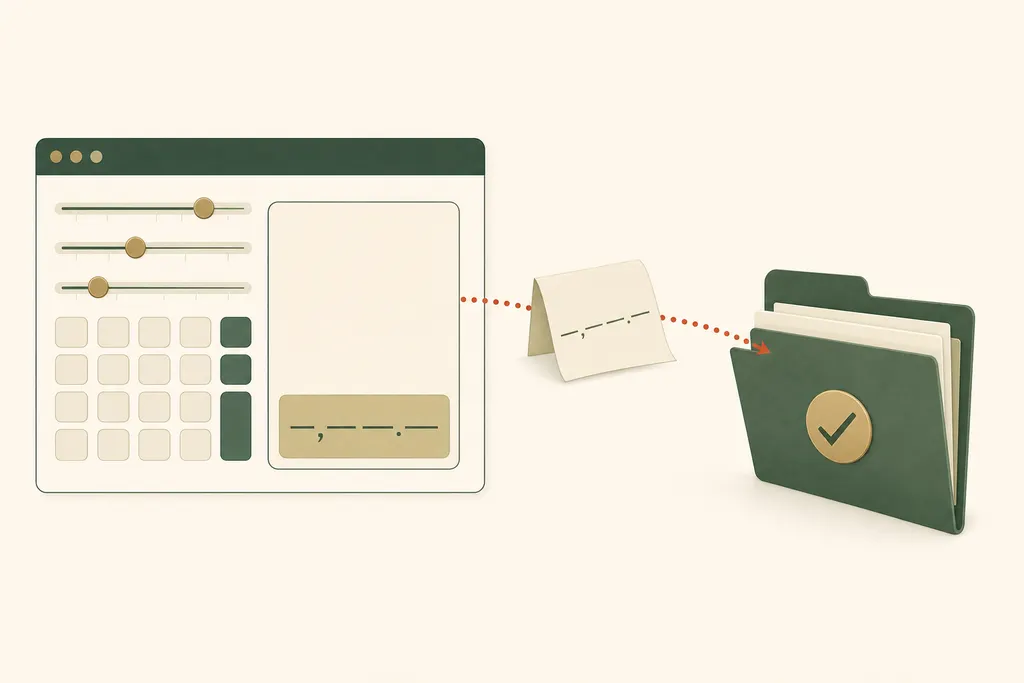 Illustration of a calculator result slip travelling along a dotted line into a firm's file folder